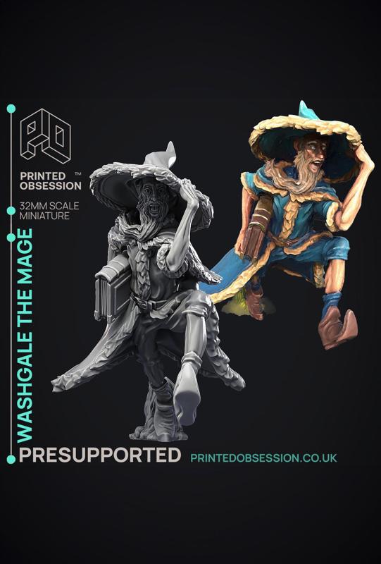Washgale the mage - Wizzard - PRESUPPORTED - Illustrated and Stats - 32mm scale 