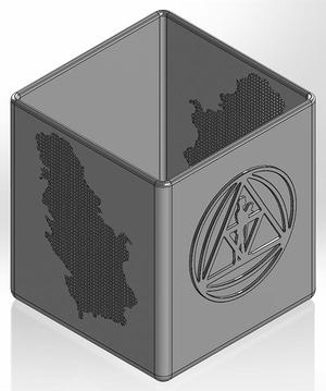 Square pen cup with embossed US logo and hole map of Serbia