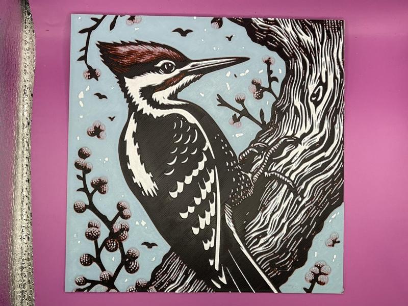 Pileated Woodpecker HueForged Woodblock Print Art