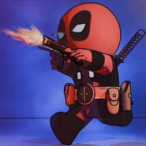 deadpool shooting left and right, without caring who he hits.