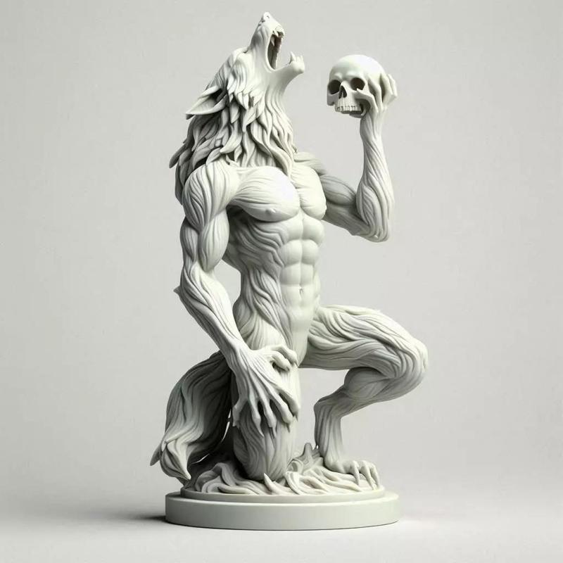 547  Ivory Werewolf Howling with Skull  3D Model