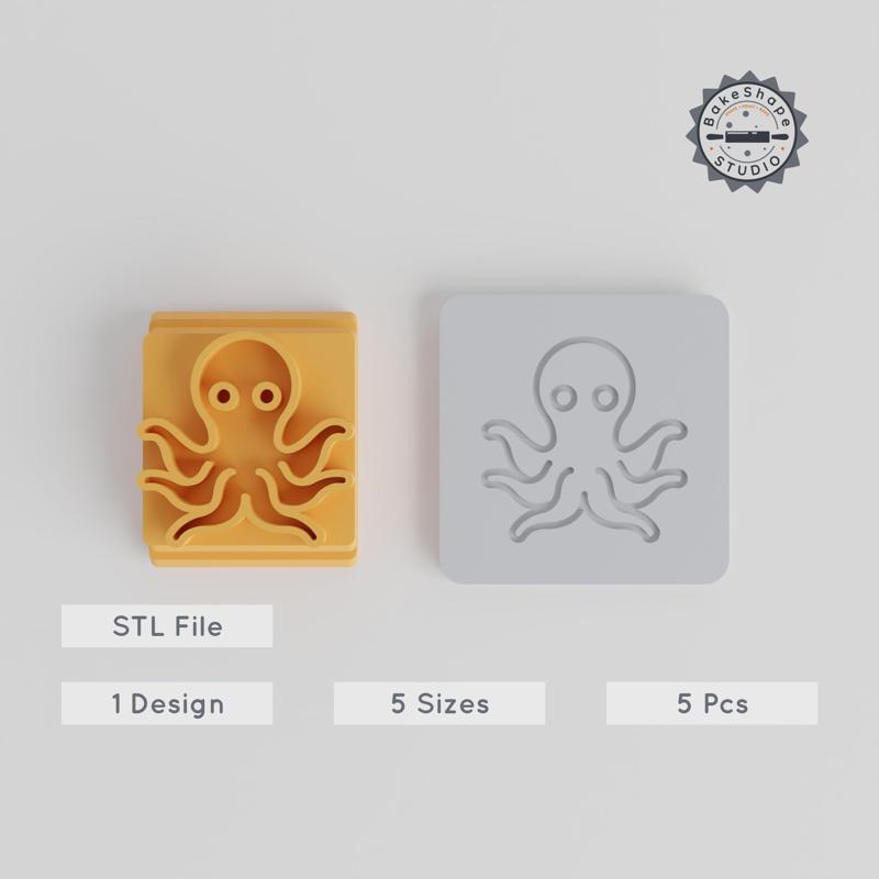 Octopus Stamp Tile Set, 5 Sizes 20-40mm, Perfect for Clay, Cookies & Fondant, Marine Animal Design, Ocean & Sea Life Theme