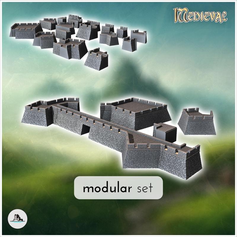 Modular set of stone defensive walls with forts (2) - Medieval Gothic Feudal Old Archaic Saga 28mm 15mm RPG