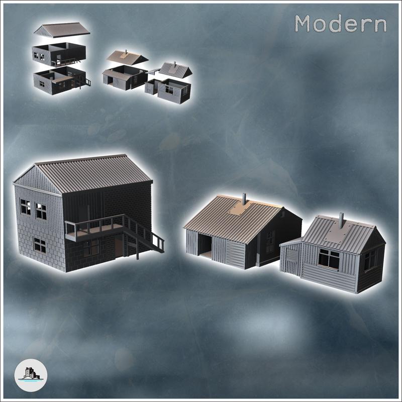Set of three modern tin roof houses with external staircase (11) - Modern WW2 WW1 World War Diaroma Wargaming RPG Mini Hobby