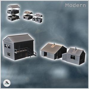 Set of three modern tin roof houses with external staircase (11) - Modern WW2 WW1 World War Diaroma Wargaming RPG Mini Hobby