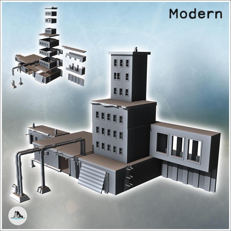 Modern industrial building with piping, large central tower, and flat roofs (15) - Modern WW2 WW1 World War Diaroma Wargaming RPG Mini Hobby