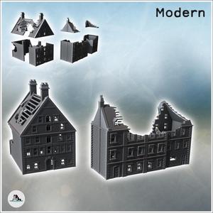 Set of two large modern brick buildings with sloping roofs and double chimneys (ruined version) (19) - Modern WW2 WW1 World War Diaroma Wargaming RPG Mini Hobby