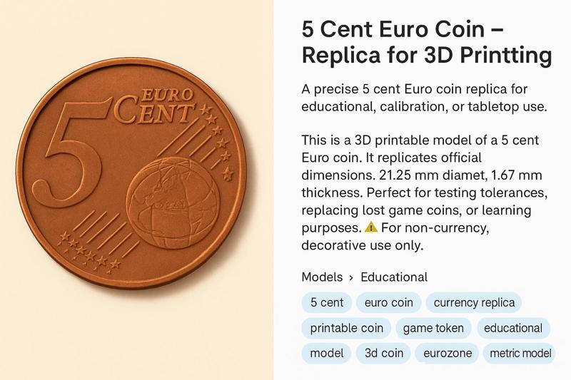 5 Cent Euro Coin – 3D Printable Model