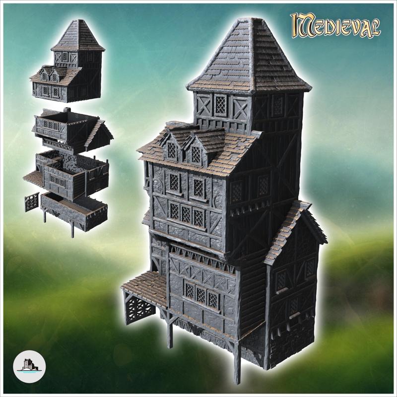 Medieval half-timbered stone building with large awning (35) - Medieval Gothic Feudal Old Archaic Saga 28mm 15mm RPG