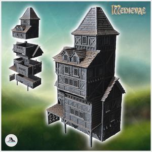 Medieval half-timbered stone building with large awning (35) - Medieval Gothic Feudal Old Archaic Saga 28mm 15mm RPG