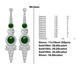 Green Cabochon and Baguette Set Long Earring