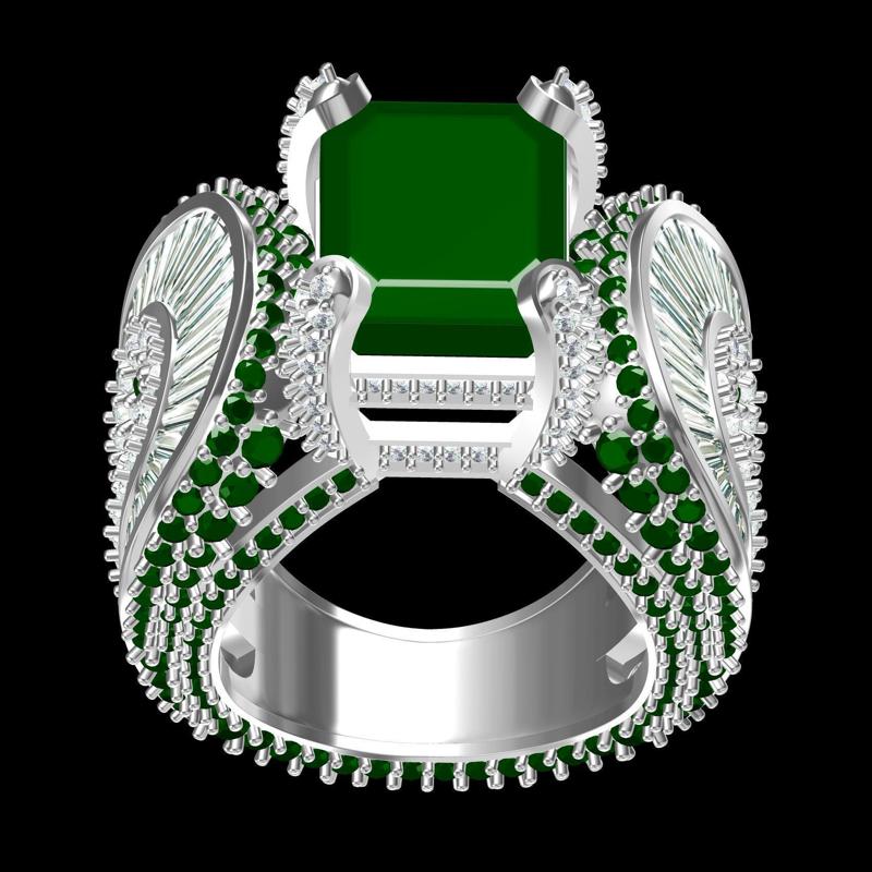 Unique Green Emerald and Round Diamond Cocktail Ring