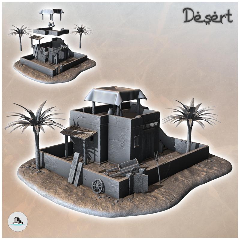 Desert house with palm tree and low walls (7) - Canyon Sandy Landscape 28mm 15mm RPG DND Nomad Desertland African