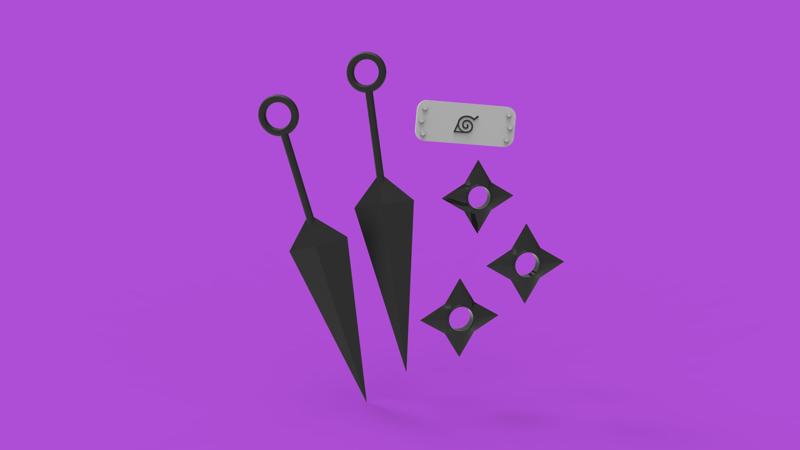 Kunai and Leaf Village Headband with Shuriken 3D Model Set