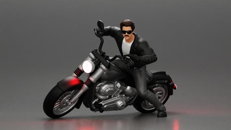 Young Man In open Leather Jacket Riding On Motorbike in sunglasses