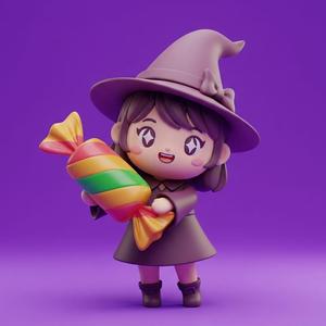 Cute 🧙‍♀️ Little Witch with Candy 3D Print Model - Halloween Desk Buddy