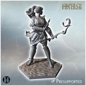 Armored female archer standing confidently, equipped with quiver, bow, and intricate armor details (3) - Medieval Fantasy Magic Feudal Old Archaic Saga 28mm 15mm