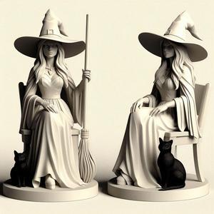 203 Ivory Witch on Chair with Cat - 3D Figurine, fantasy, art, sculpture, creature, magic, collectible, witch, dinosaur, wooden, knight, viking, dragon, dnd, cat, monster hunter, dog, monster, totem