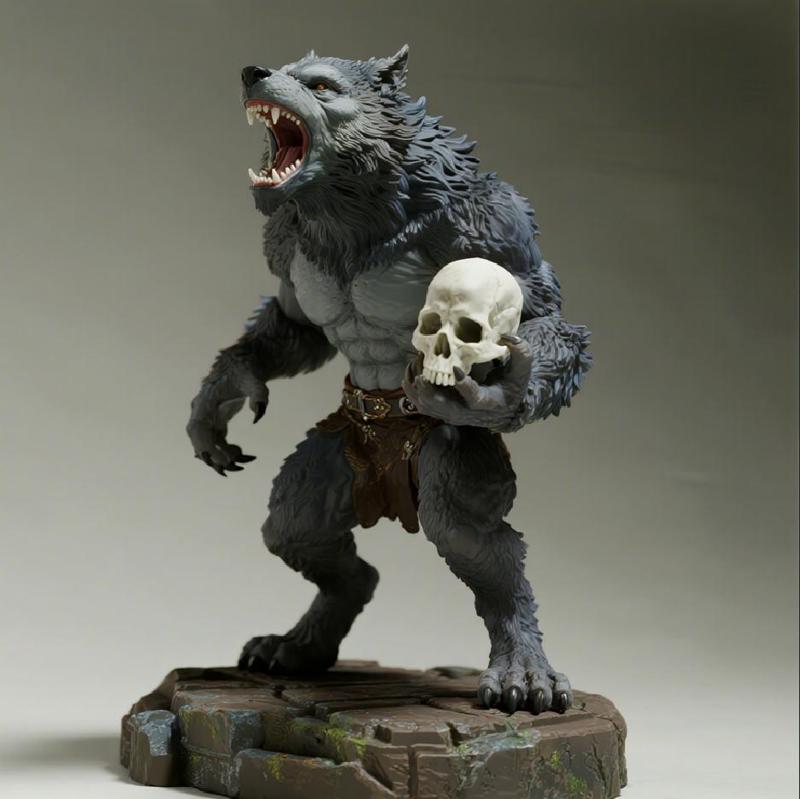 1279 COLORFUL Werewolf Howling with Skull - 3D Model, magic, fox, kung fu, shapeshifter, martial arts, fantasy, Pu Song Ling, warrior, mystic, legend, monster, fair, witch, werewolf, horror, beast, snake, troll, skeleton dance