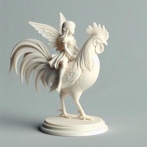 013 Fairy Rider - 3D-Printed Ivory-Style Statue of Fairy on Rooster, dinosaur, sculpture, monkey, witch, fairy, knight, fantasy, art, viking, dragon, dnd, cat, monster hunter, dog, totem, totemic