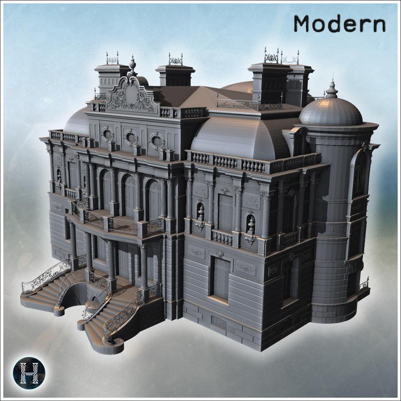 Ornate palace with domed roofs, decorated balconies and richly detailed classical facade (13) - Modern WW2 WW1 World War Diaroma Wargaming RPG Mini Hobby