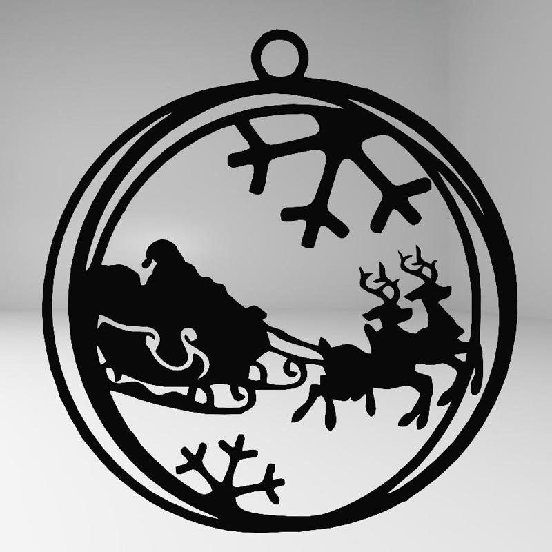 Line Art – Christmas Bauble with Santa Claus in Sleigh Pulled by Reindeer