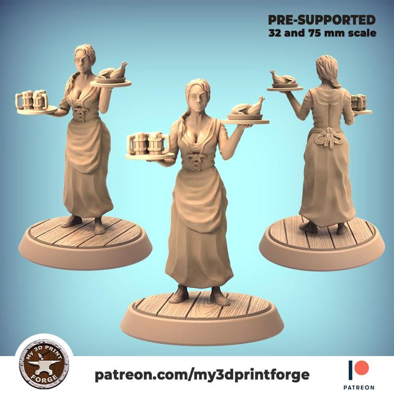 Barmaid 32mm and 75mm scale pre-supported