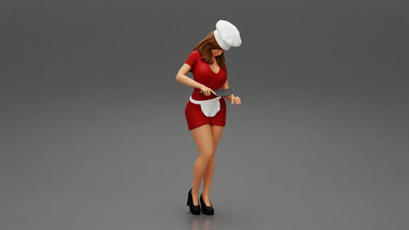 sexy woman chef cutting with knife