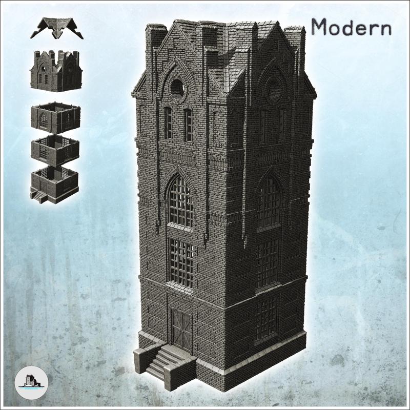 Large modern industrial brick tower with access staircase and gothic shaped windows (25) - Modern WW2 WW1 World War Diaroma Wargaming RPG Mini Hobby