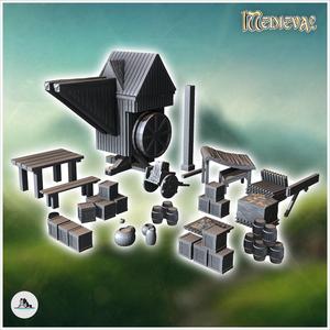 Medieval accessories with wooden crane and crates (3) - Medieval Gothic Feudal Old Archaic Saga 28mm 15mm RPG