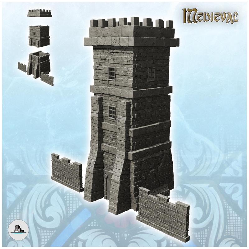 Medieval cut stone defense tower with adjoining walls (13) - Medieval Gothic Feudal Old Archaic Saga 28mm 15mm RPG