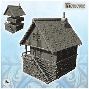 Medieval tavern with large entrance staircase and tiled roof (16) - Medieval Gothic Feudal Old Archaic Saga 28mm 15mm