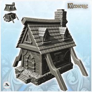 Medieval house with wooden buttresses and stone platform (10) - Medieval Gothic Feudal Old Archaic Saga 28mm 15mm