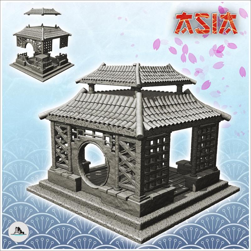 Oriental altar with round openings and curved double roof (2) - Medieval Asia Feudal Asian Traditionnal Ninja Oriental