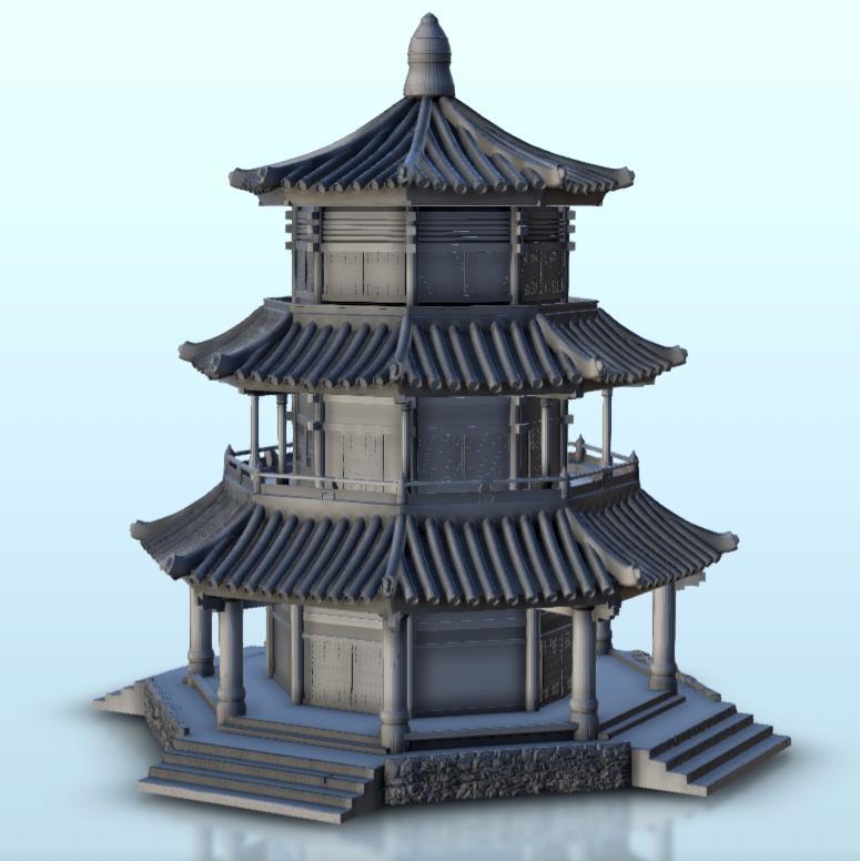 Octagonal two-stories pagoda with columns 18 - Asia Terrain Clash of Katanas Tabletop RPG terrain China Korea WW2