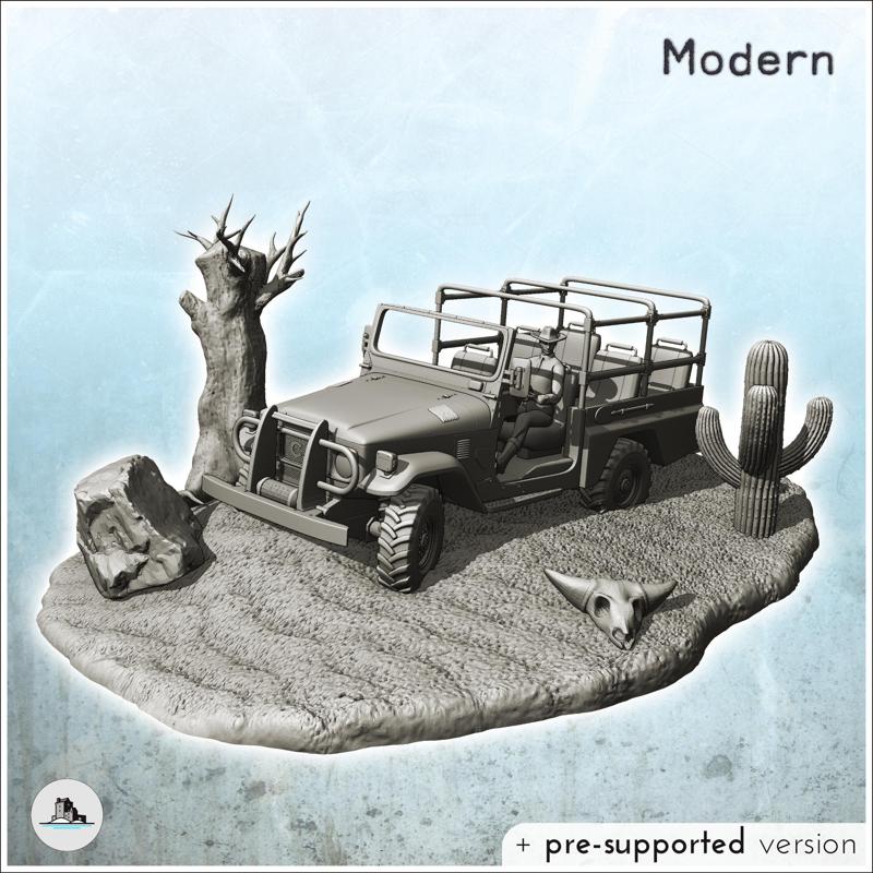 Sandy jeep with driver in desert scene with base (1) - Modern Wildlife miniatures Scenery 28mm 15mm 20mm