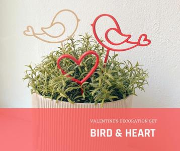 Bird & heart decoration set (flower pot, cake topper)