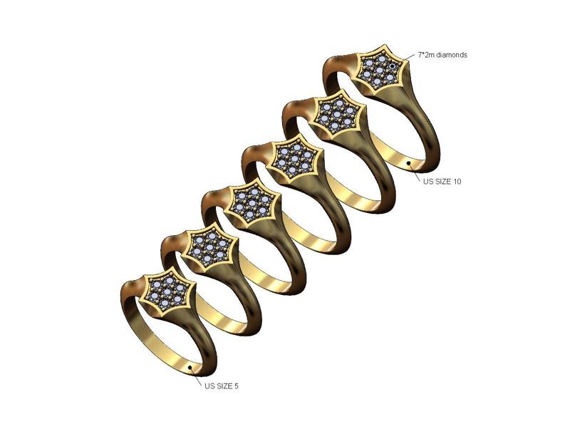 Diamond cluster hexagonal star signet ring US sizes 5to10 3D print model
