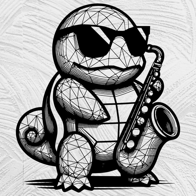 Flowing Line Art squirtle with sunglasses and sax