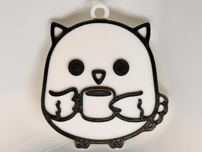 Owl Drinking Coffee Keychain