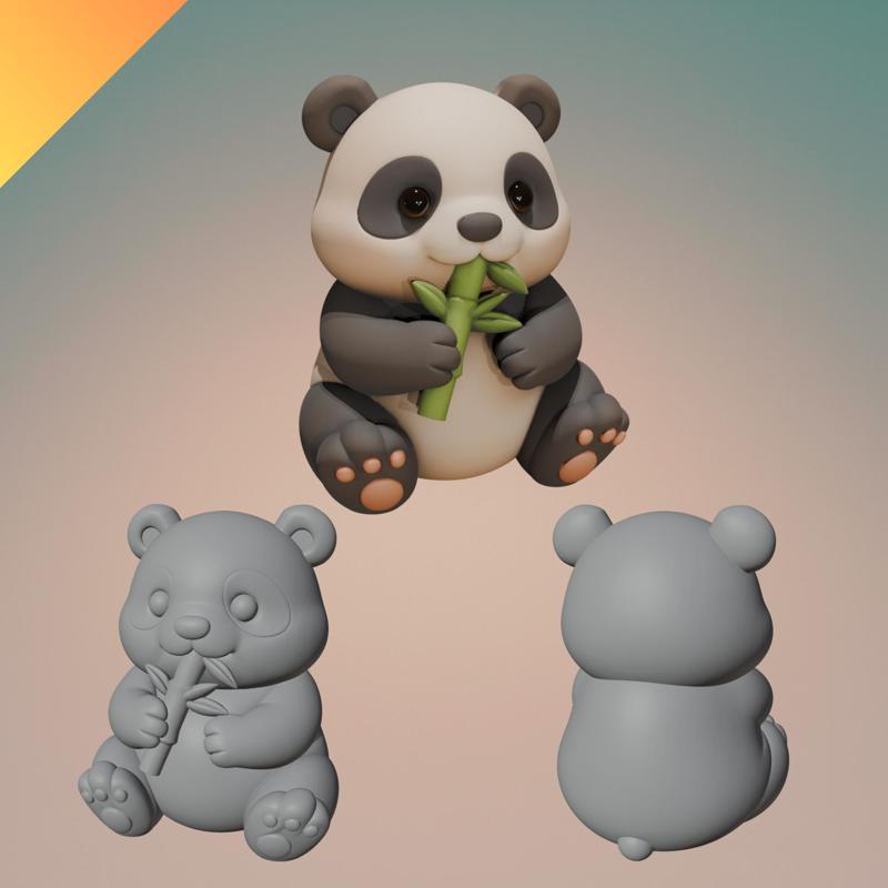Cute Panda Eating Bamboo – STL and GLB File for 3D Printing – Cartoon Panda Figurine