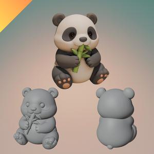 Cute Panda Eating Bamboo – STL and GLB File for 3D Printing – Cartoon Panda Figurine