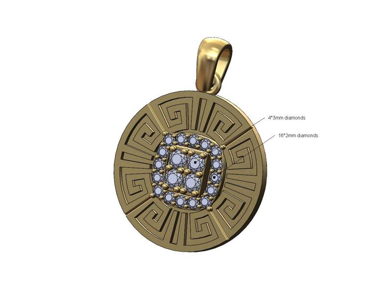 Square diamond cluster Greek key coin pendant with bail 3D print model