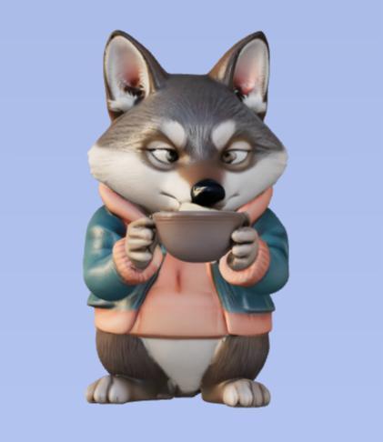 The wolf drinking medicine from a bowl