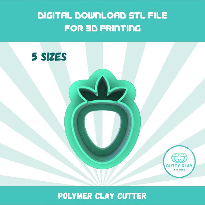 Cutty Clay stl strawberry polymer clay cutter, 5 sizes stl file for 3D printing