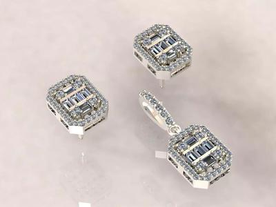 Baguette and Round Diamond Brilkiant Pendant and Earrings