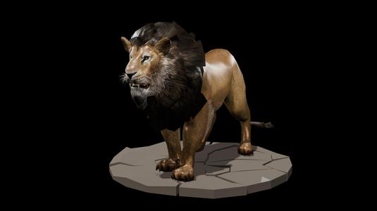 The Realistic Fully Textured Lion Sculpture Standing Majestically on a Rock