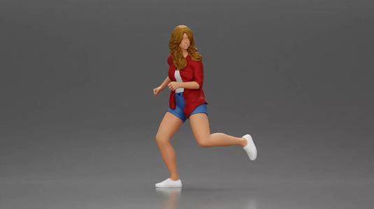 Afraid woman running in shorts with a determined expression