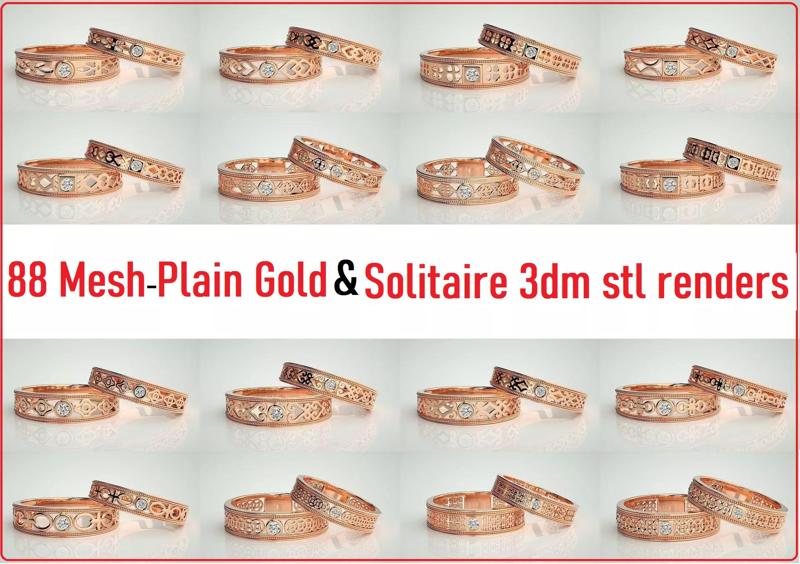 88 Wave Mesh Plain and Solitaire Gold Couple Band Ring 3dm stl 3D Model Collection