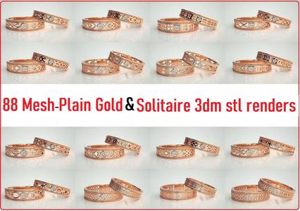 88 Wave Mesh Plain and Solitaire Gold Couple Band Ring 3dm stl 3D Model Collection